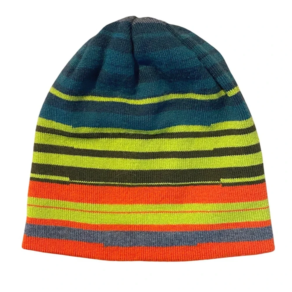 SMARTWOOL Wintersport Reversible Kids Striped Beanie Winter‎ Snow Green Orange